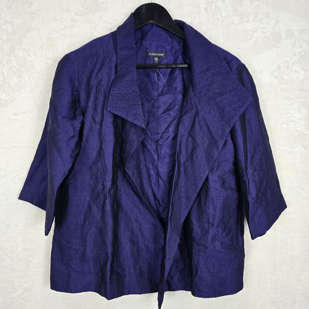 Eileen‎ Fisher Purple Silk Open Front Jacket Shawl Collar XS Textured Blazer